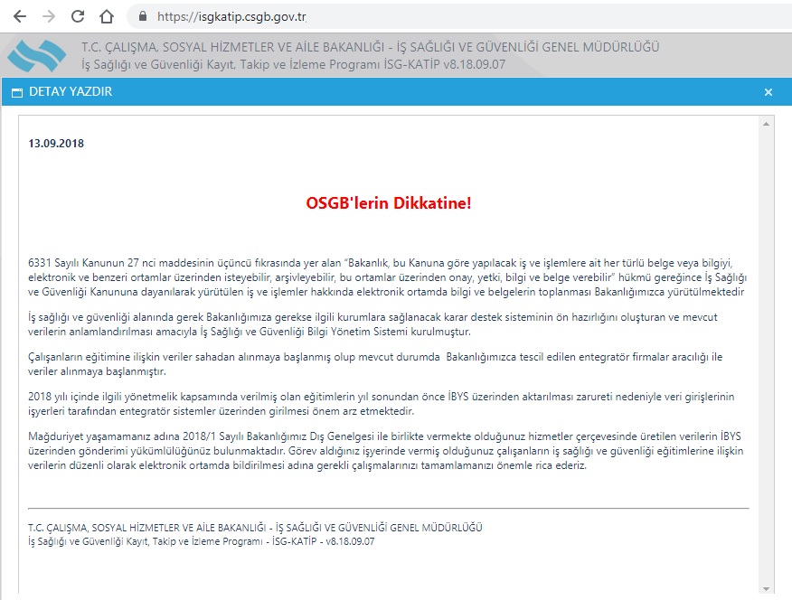 İSG-KATİP 13.09.2018 OSGB'lerin Dikkatine!